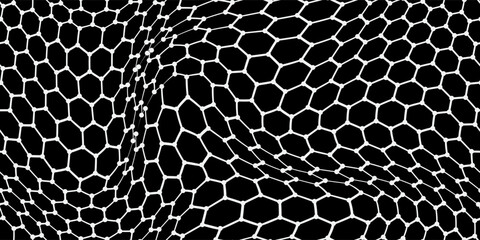 Three-dimensional wavy layer of graphene carbon molecule as a hexagon seamless bg. Thin super flexible material with conductor properties. Polygonal mesh with circles. Vector illustration © Kusandra