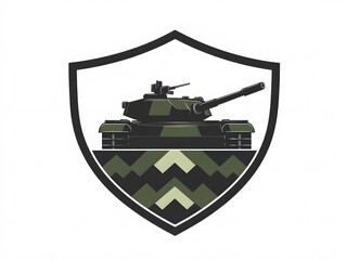 Naklejka premium Modern Military Tank Iconography: Vector Design Emblem with Camo Patterns and Shield Logo for Strategic Defense and Armored Warfare