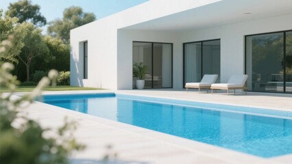 Fototapeta premium Modern outdoor pool with clean lines, soft light, and blurred greenery -- minimalist serenity in architectural harmony 