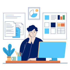 Fototapeta premium Flat vector illustration of a person working at a computer desk surrounded by charts, documents, and office supplies, representing productivity, business planning, and data analysis. 