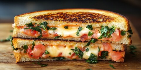 Artisan Grilled Cheese Sandwich with Melted Cheese, Fresh Tomatoes, and Herbs on Toasted Bread
