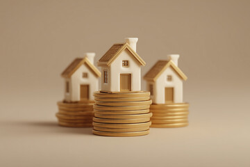 A minimalist 3D illustration featuring small model houses beside stacks of gold coins. 
