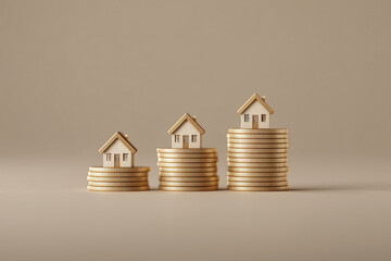 A minimalist 3D illustration featuring small model houses beside stacks of gold coins. 