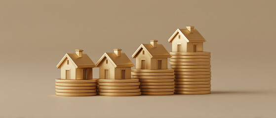 A minimalist 3D illustration featuring small model houses beside stacks of gold coins. 
