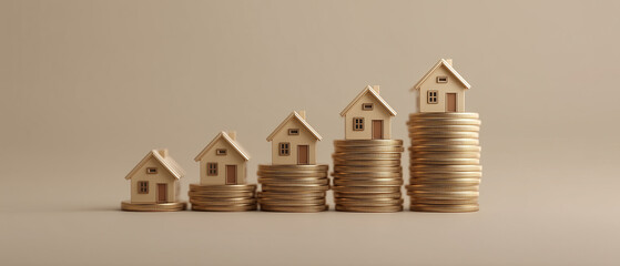A minimalist 3D illustration featuring small model houses beside stacks of gold coins. 