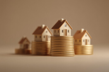 A minimalist 3D illustration featuring small model houses beside stacks of gold coins. 