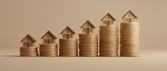 A minimalist 3D illustration featuring small model houses beside stacks of gold coins. 