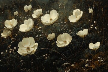 A field of delicate white flowers in a shaded landscape.