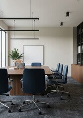 Modern Office Interior Conference Room With Blue Chairs And Wooden Table