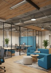 Modern Office Interior Photo with Blue Sofas Glass Walls and Wooden Accents