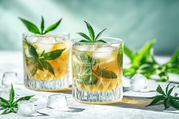Two refreshing drinks adorned with cannabis leaves.