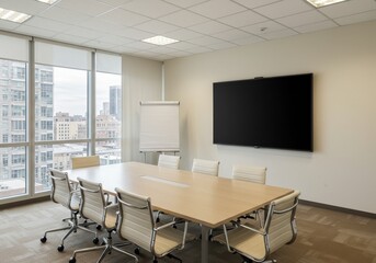 Modern Office Meeting Room Interior with Table Chairs and City View Photo