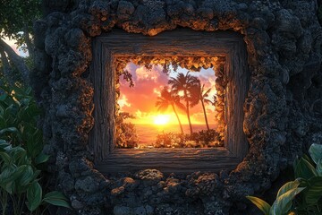 Dramatic sunset view through a stone framed opening.