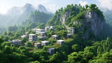 Aldea serrana en paisaje montañoso, vista aérea