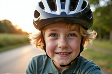 Young boy wearing a bicycle helmet and smiling at camera.