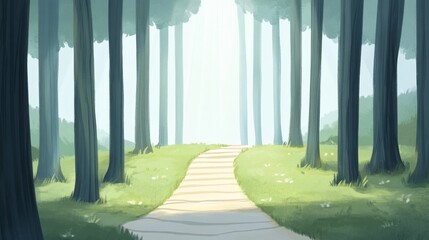 Serene forest path illuminated by gentle sunlight, inviting reflection on spiritual journeys with space for inspirational text