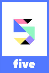 Tangram puzzle for children.Graphic design featuring a geometric interpretation of the number five in vibrant colors set against a simple background. Educational card for children.