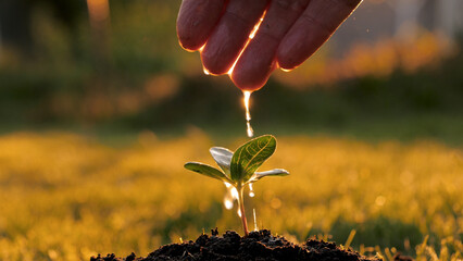 Close up of farmer hand, manual watering green sprout tree planted in ground. Drops of water drops...
