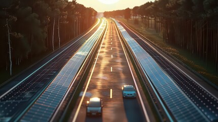 Aerial view of highway with solar panels along the sides and cars driving towards the horizon at sunset