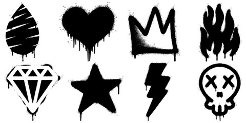 collection of black spray paint graffiti icons including lightning bolt, heart, crown, diamond, skull, star, drop, and flame.