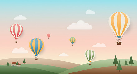 Colorful hot air balloons flying over a serene landscape at sunset  