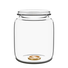 A transparent glass jar containing a single coin, symbolizing the start of saving, financial minimalism, limited funds, or the concept of beginning with just one small contribution.