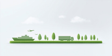 Obraz premium Green transportation concept featuring a ship, truck, and airplane with trees on a grassy landscape against a light background emphasizing eco-friendly logistics solutions