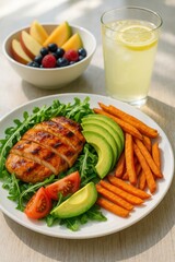 Grilled Chicken Salad with Avocado, Sweet Potato Fries, Lemonade, and Fruit Bowl


