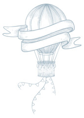 Vector illustration of a vintage air Balloon with a waving ribbon banner and festive garland. Linear drawing of retro Aircraft for Baby invitations design or nursery posters. Engraving of aerostat.