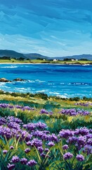 Painted Coastal Landscape of Flowers Ocean and Sky in Summer