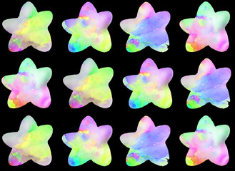Vibrant, colorful neon watercolor stars arranged in a grid on black background. Perfect for digital stickers, scrapbooking, mobile app elements, branding assets, and creative crafts