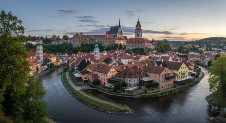 Obraz premium Panoramic Aerial View of Cesky Krumlov Town in Czech Republic at Sunset Photo