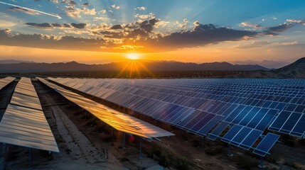 Solar panels at sunset with mountains and clouds creating a picturesque renewable energy landscape view