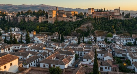 Fototapeta premium Panoramic Photo of Granada City and Alhambra Fortress at Sunset in Spain