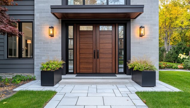 Modern house entrance with a double-door entryway, stone facade, and landscaping