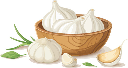 Garlic Cloves in a Bowl White Background Vector Illustration
