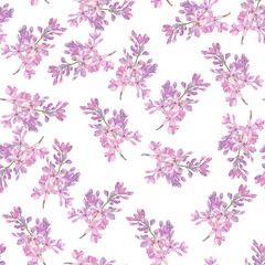 Obraz premium Pink lilac flower. Watercolor seamless pattern with lilac isolated on white background. Floral design template for wedding invitation, greeting card, notebook cover, flyer or certificate