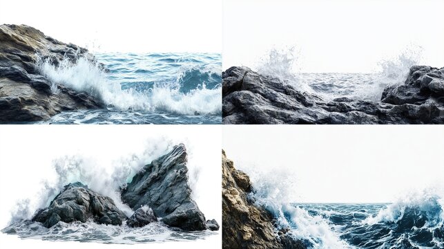 Four isolated images of rocky coastlines with waves crashing