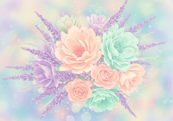 Pastel Floral Bouquet Illustration with Roses Lavender and Bokeh Background
