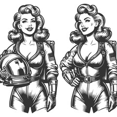 female astronauts in space suits, one holding a helmet, evoking space exploration themes sketch engraving generative ai vector illustration. Scratch board imitation. Black and white image.