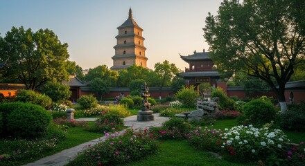 Photo A Serene Pagoda Structure in a Lush Garden with Blooming Flowers under Golden Sunlight