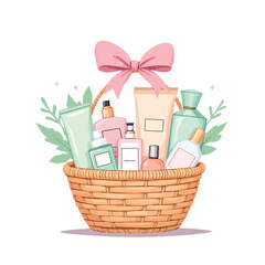 Vsai wicker gift basket overflowing with beauty products and pink bow
