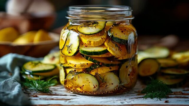 Fresh cucumbers are sliced and layered inside a large jar, seasoned with herbs and spices, as the pickling process begins in a sunlit rustic kitchen filled with vibrant produce.