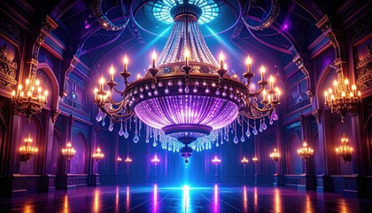 Opulent ballroom with a huge chandelier, glowing with blue & purple light