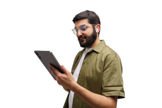 Man engaged in digital reading while wearing wireless earbuds, showcasing modern technology and style