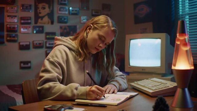 Teen Girl Writing in Notebook Beside Retro Computer in Cozy Room Seamless Looping 4K Time-Lapse Animation Video Background