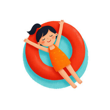 Smiling little girl floating on red inflatable ring. Flat style clipart isolated on transparent background. Travel and vacation concept. Design for stickers, t-shirts, summer product advertisement.
