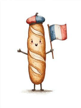 Naklejki French baguette cartoon holding French flag smiling French baguette cartoon with beret cute French baguette cartoon for Bastille Day illustration 