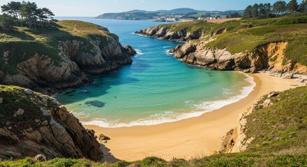 Photo Coastal Bay View With Blue Water Green Hills And Sunny Weather