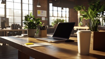Abandoned startup office with laptops and empty coffee cups, final day vibe